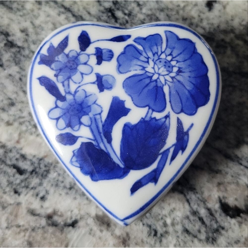 Small blue and white heart trinket box